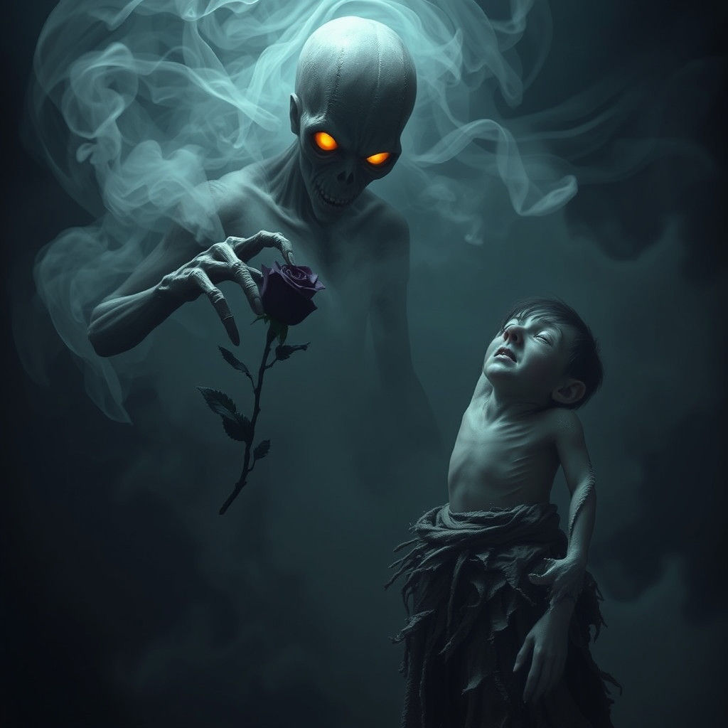 Eerie Soul Offers Rose to Boy: Mystical Art