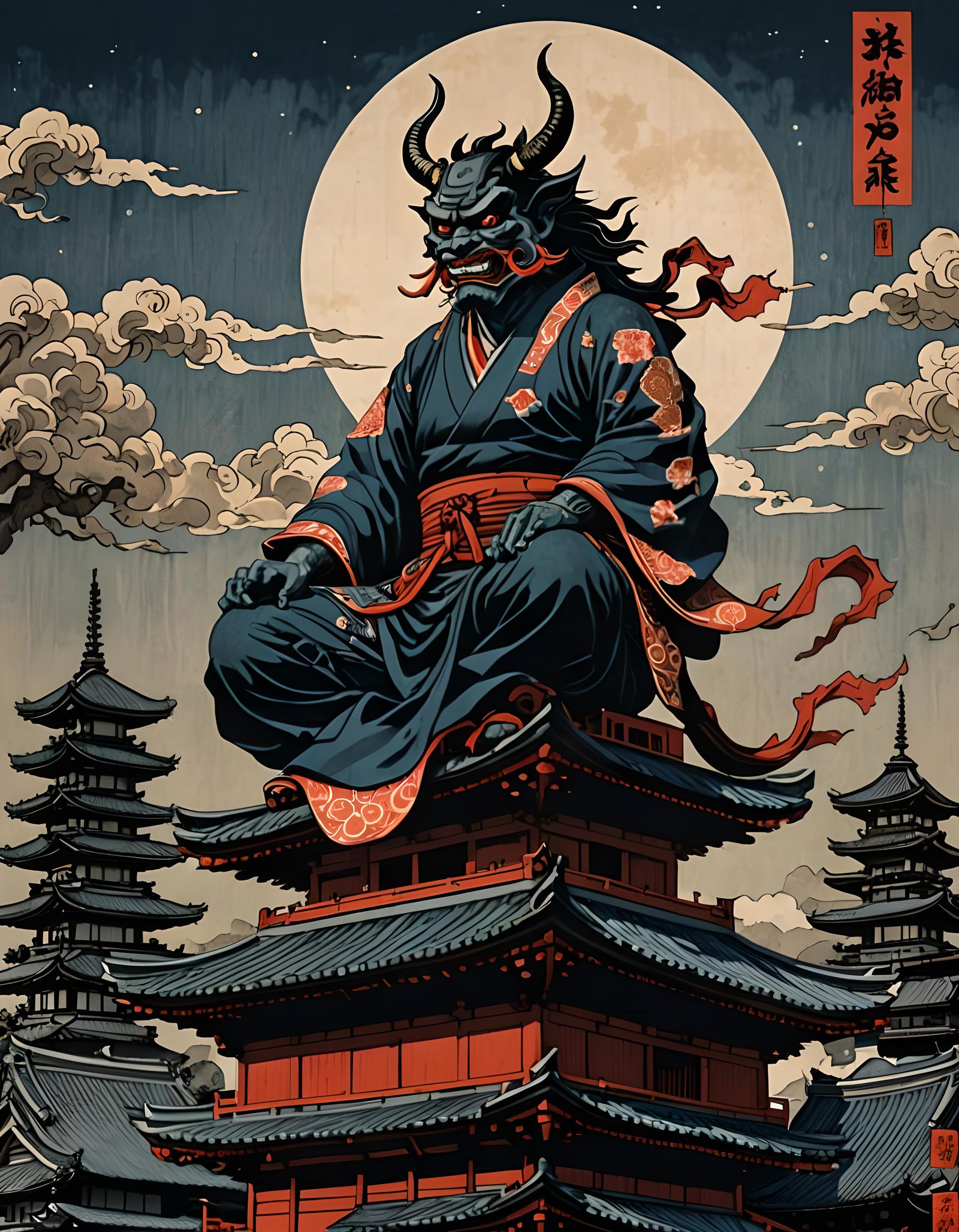 Japanese Demon King on Pagoda Roof: Ukiyo-e Print