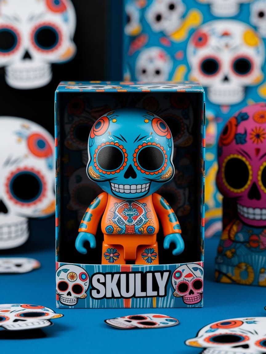 Vibrant Urban Pop Art Skull Toy Figure in Decorative Box