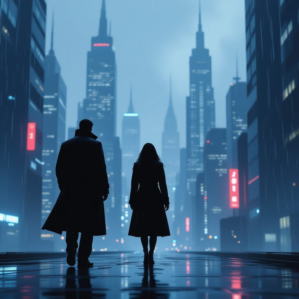 Cyberpunk Silhouette in Rainy Cityscape