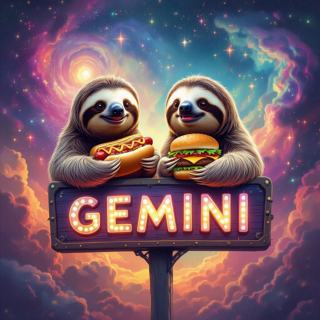 Fluffy Sloths Enjoying Hotdogs on Gemini Sign