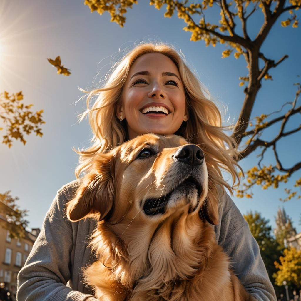 Woman and Dog Embrace in Oil Painting Style