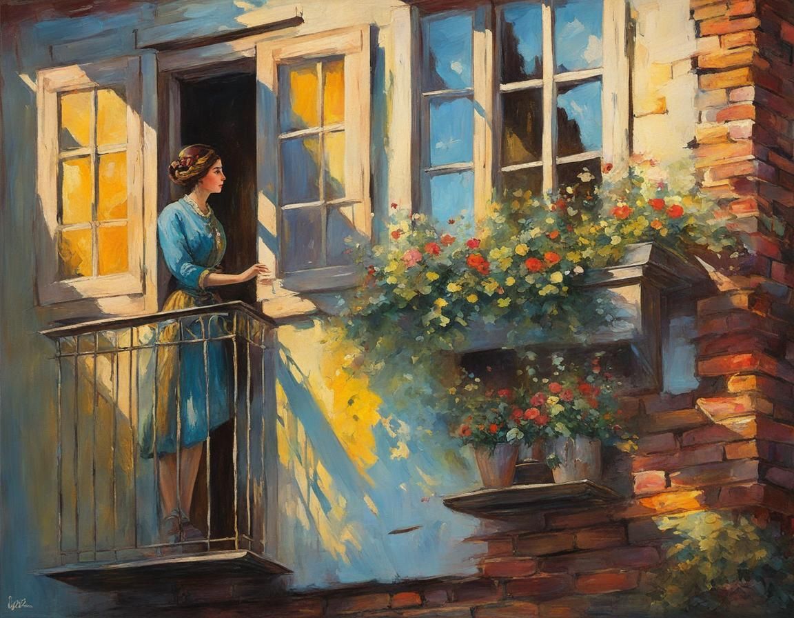 Girl on Balcony with Sunbeams, Fantasy Art