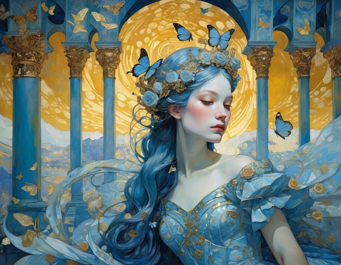 Celestial Muse of Golden Swirls, Crowned in Roses