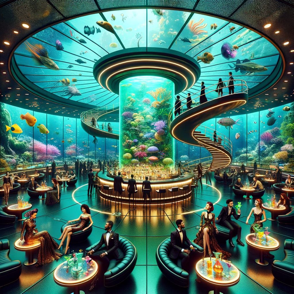Futuristic Cyberpunk Bistro with Simulated Jungle Sky