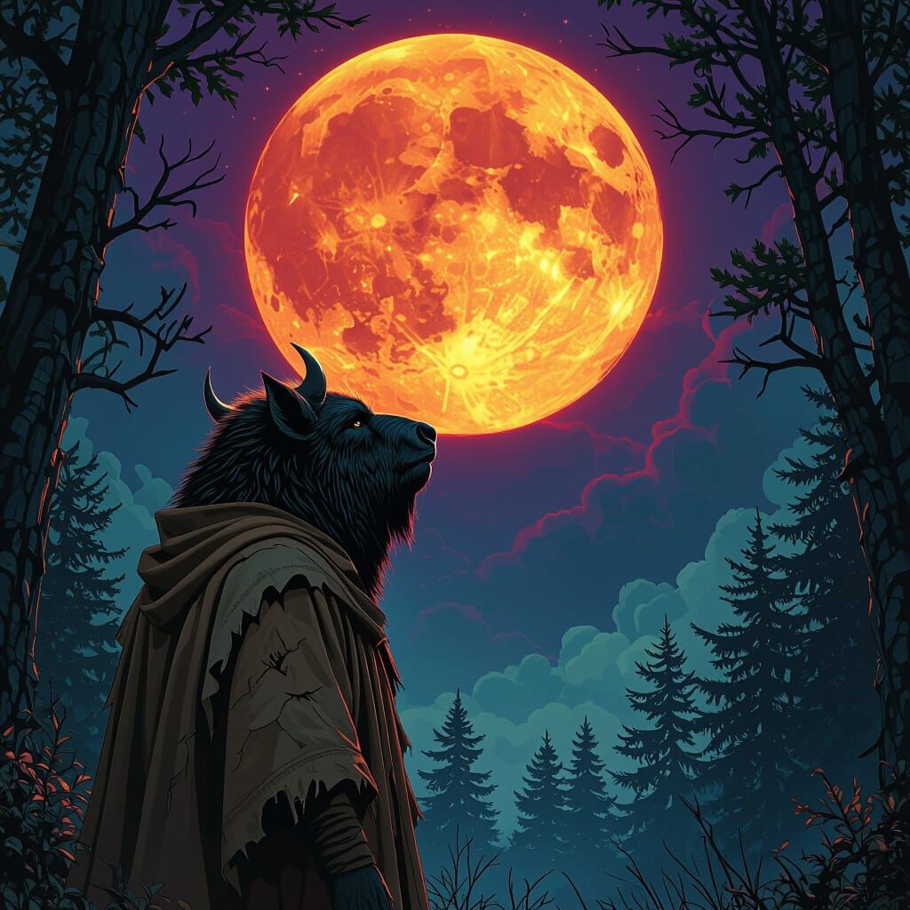 Werewolf Bison Gazing at Colossal Moon