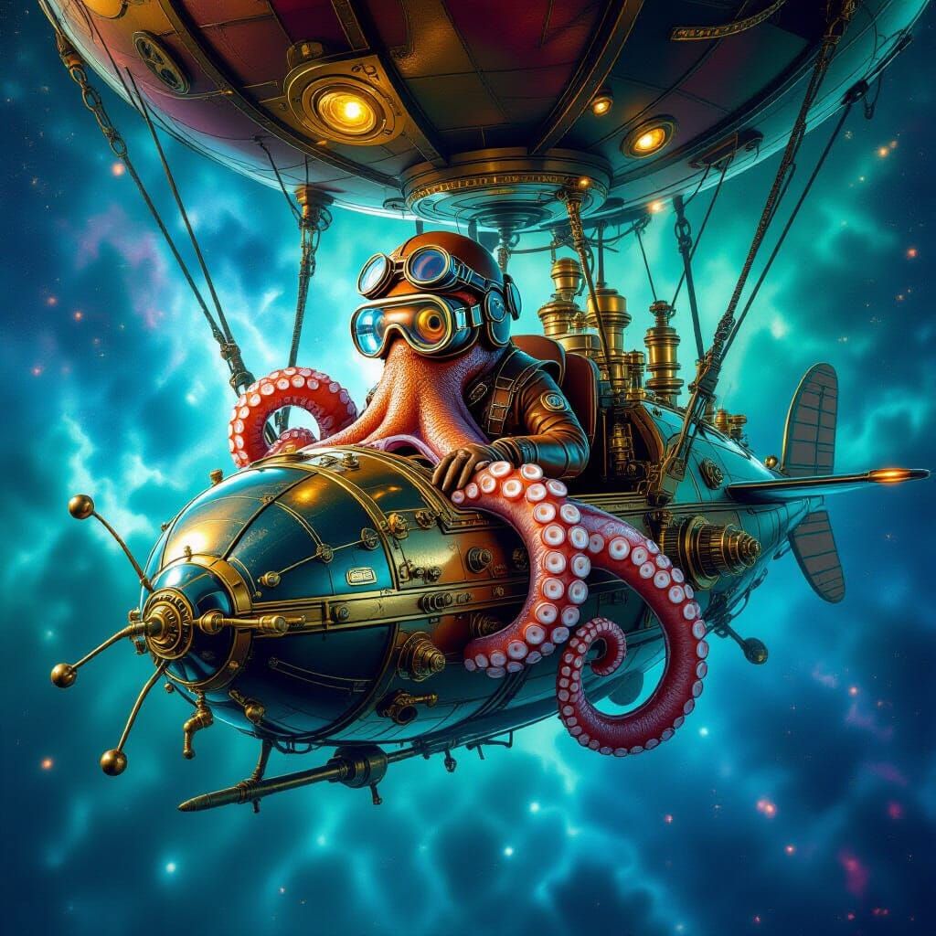 Steampunk Octopus Airship Pilot in Nebula, Photorealistic St...