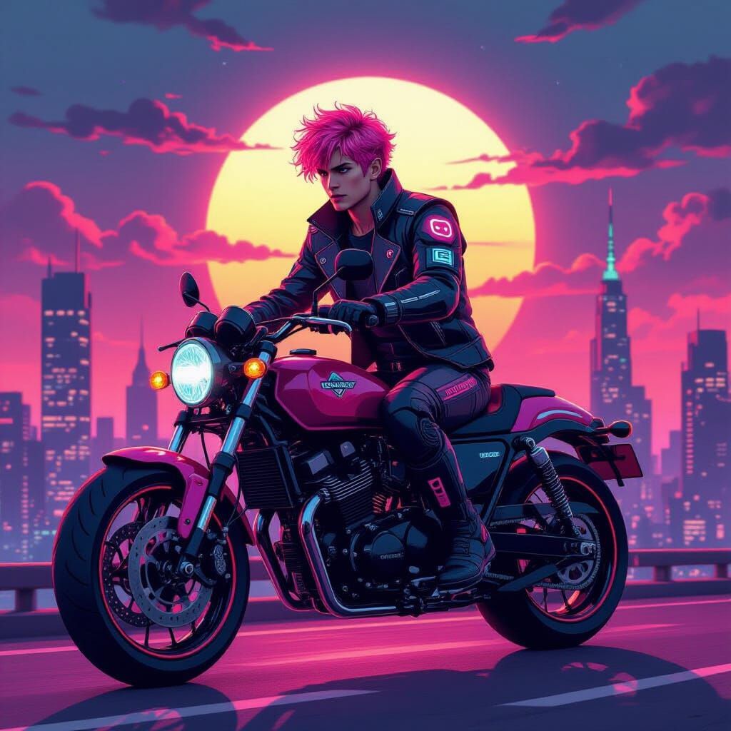 Manga Man on Flying Bike in Neon Cyberpunk City