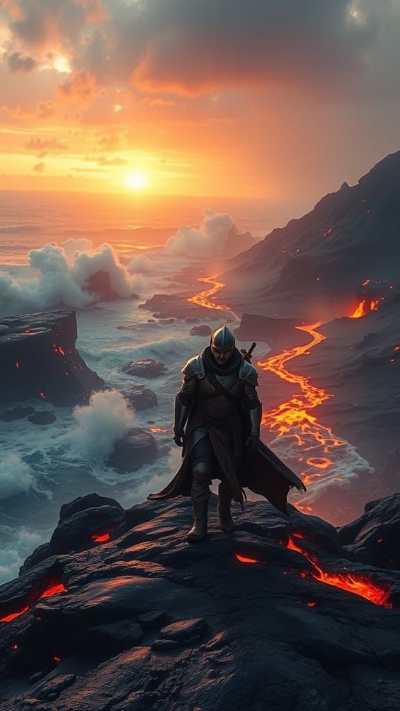 Mystical Volcanic Island in Cyberpunk Style