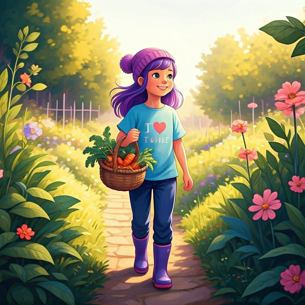 Whimsical Garden Girl Picks Carrots in a Storybook Wonderlan...