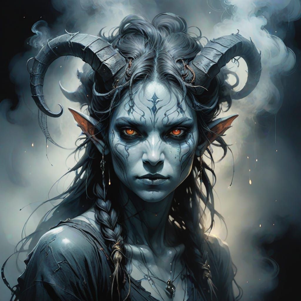Grey Skinned Tiefling Woman Emits Ethereal Glow in Dark Fant...