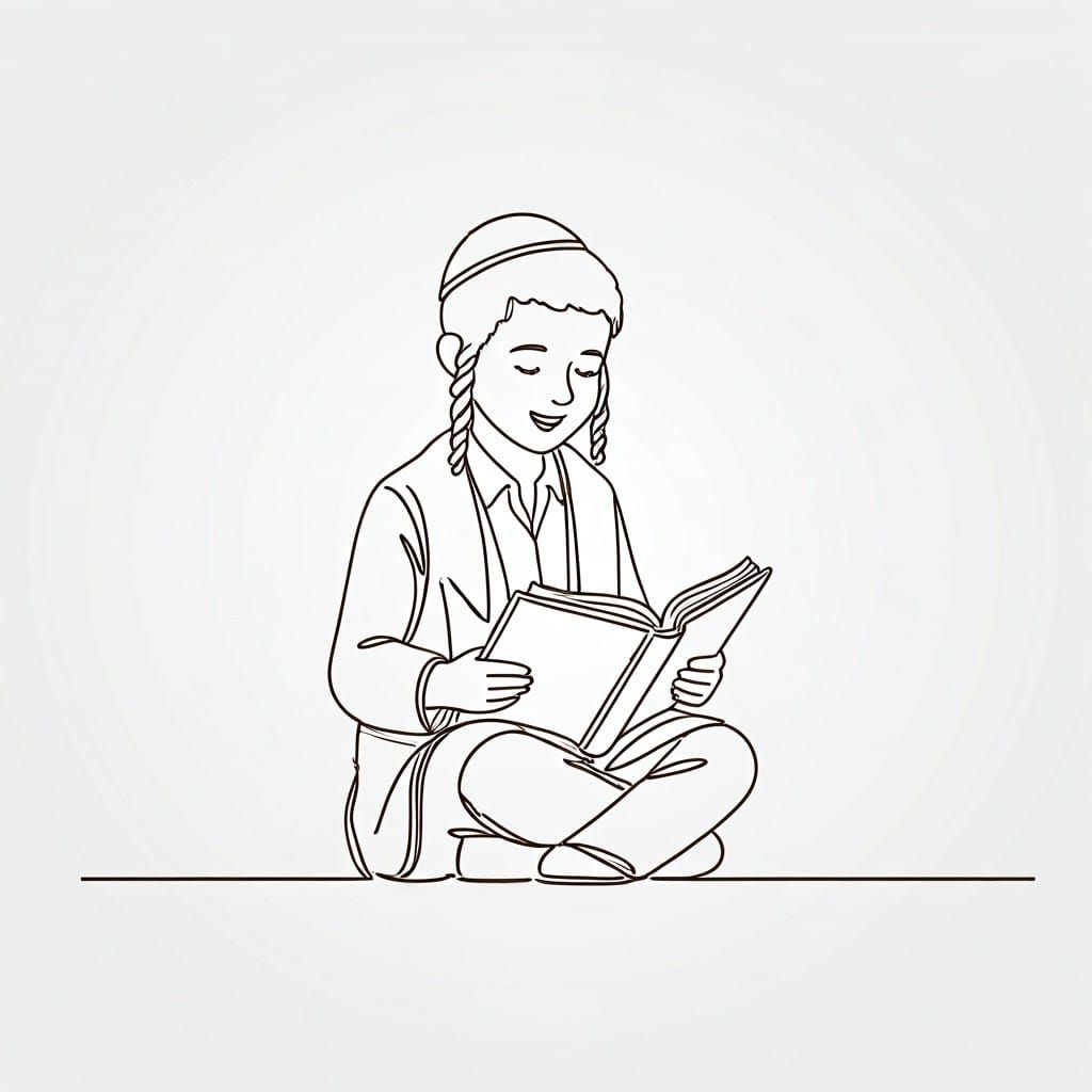 Minimalist line drawing of an ultra-Orthodox Jewish boy with...