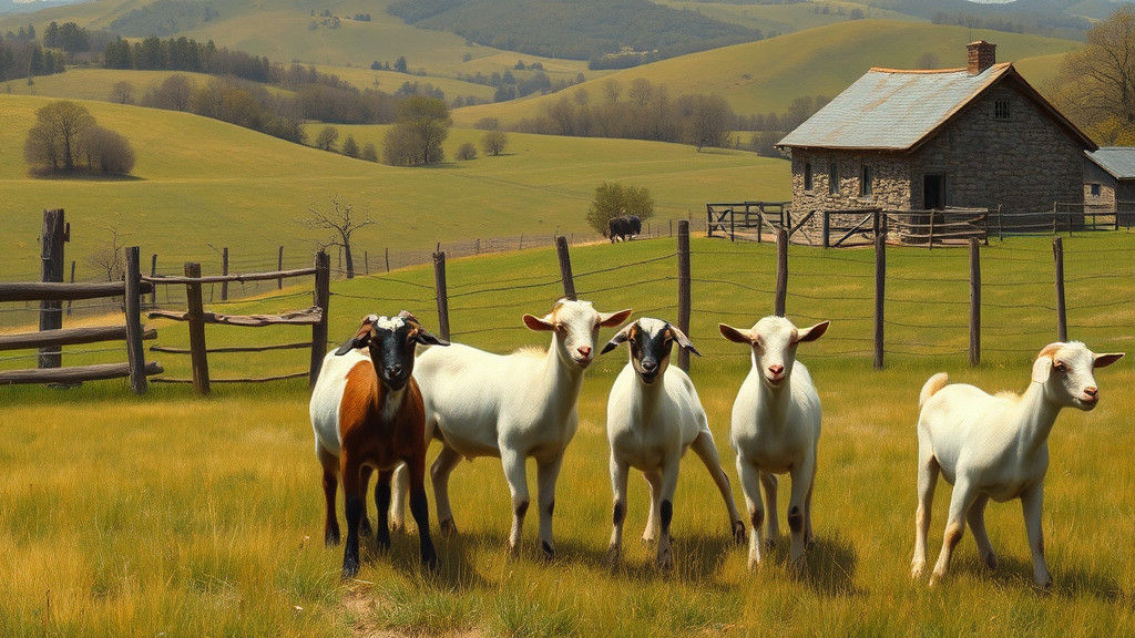Pygmy Goats Grazing in Rustic Farm Landscape