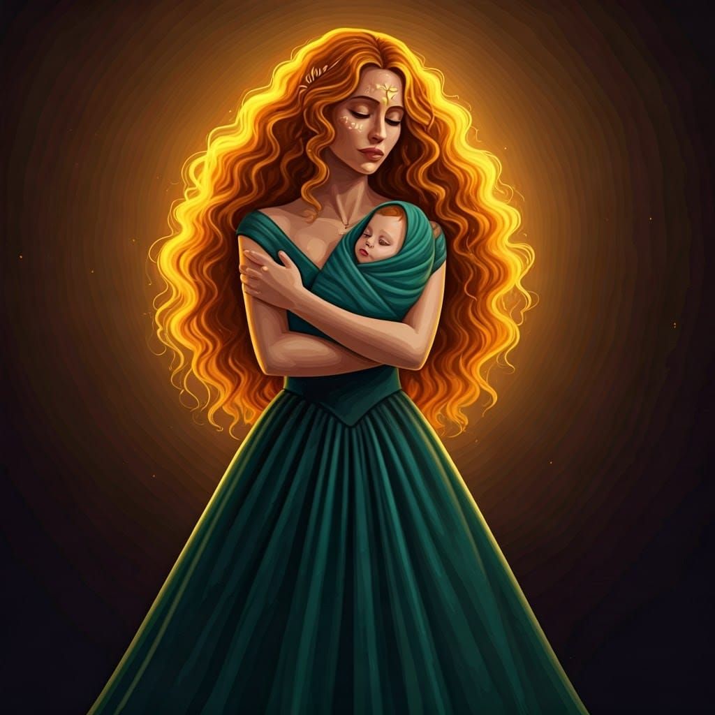 Triss Merigold from The Witcher 3 in a green dress holding a baby in her arms