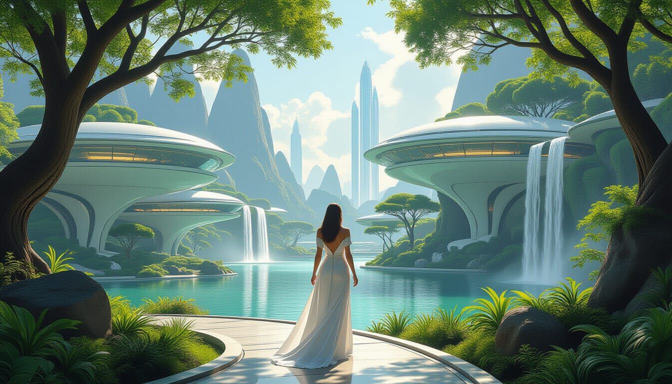 Utopian Future: Woman in a Frutiger Landscape