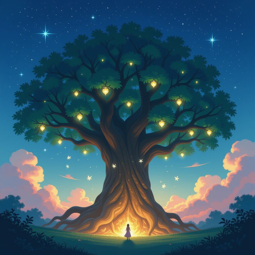 Ancient Starlit Tree with Crystal Fruit and Sprites