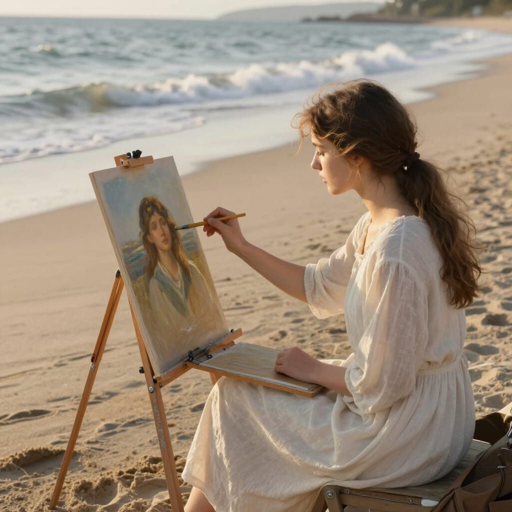 Painter Captures Girl's Likeness by the Sea