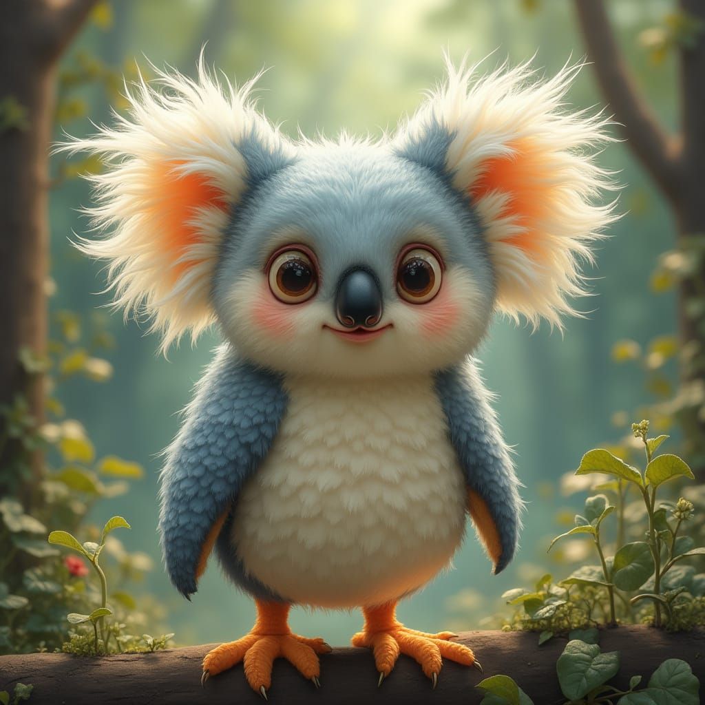 Koala-Bird Hybrid in Woodland Setting