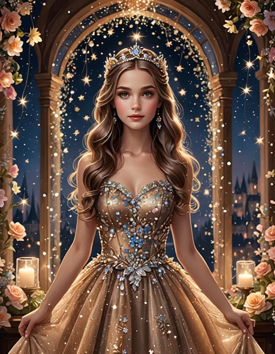 Fantasy Princess with Glitter Dress and Floral Arch