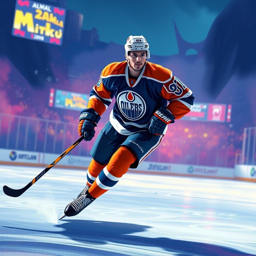 Oilers Hockey Player on Ice Rink in Digital Art Style