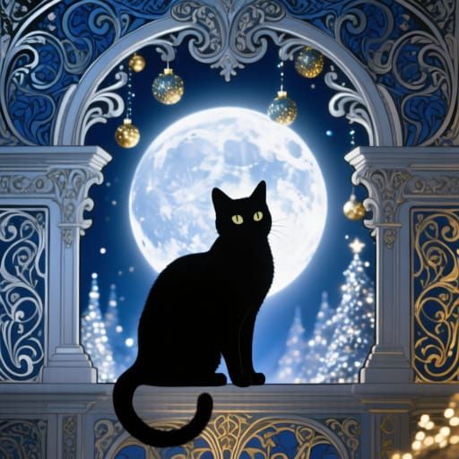 Cat Silhouette Under Christmas Moon in Art Nouveau Rococo St...