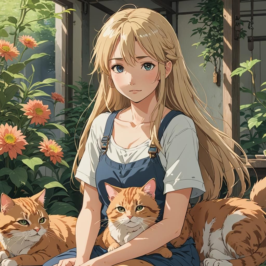 Anime Girl with Cats, Ghibli-esque Key Visual