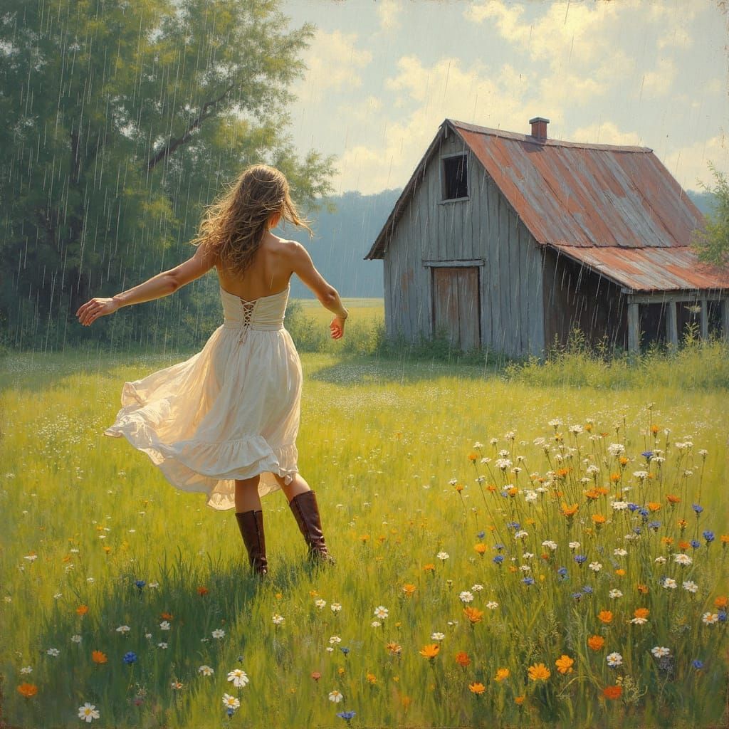 Woman Dancing in Rainy, Sunny Impressionist Landscape