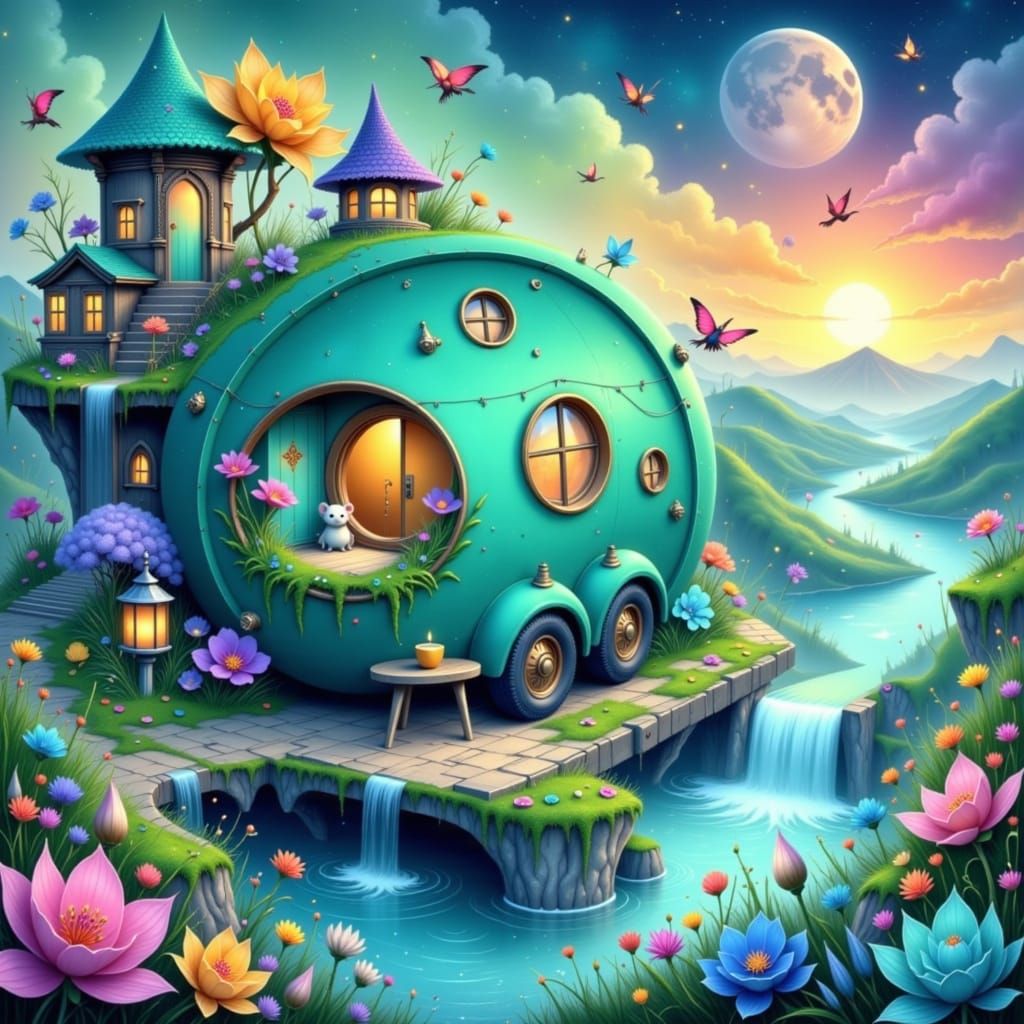 Miniature Village Nestled in Ornate Crescent Moon