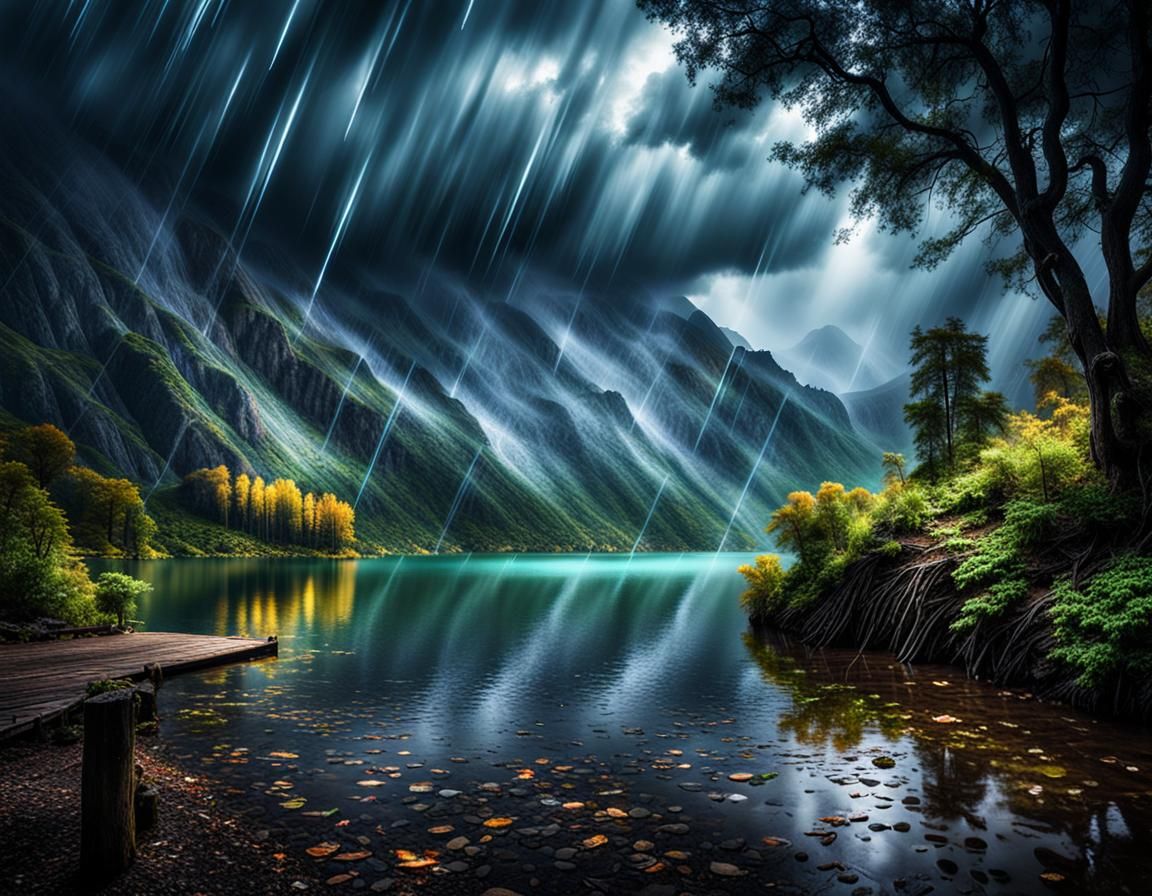 Rainy Mountain Lake with Dream Lighting