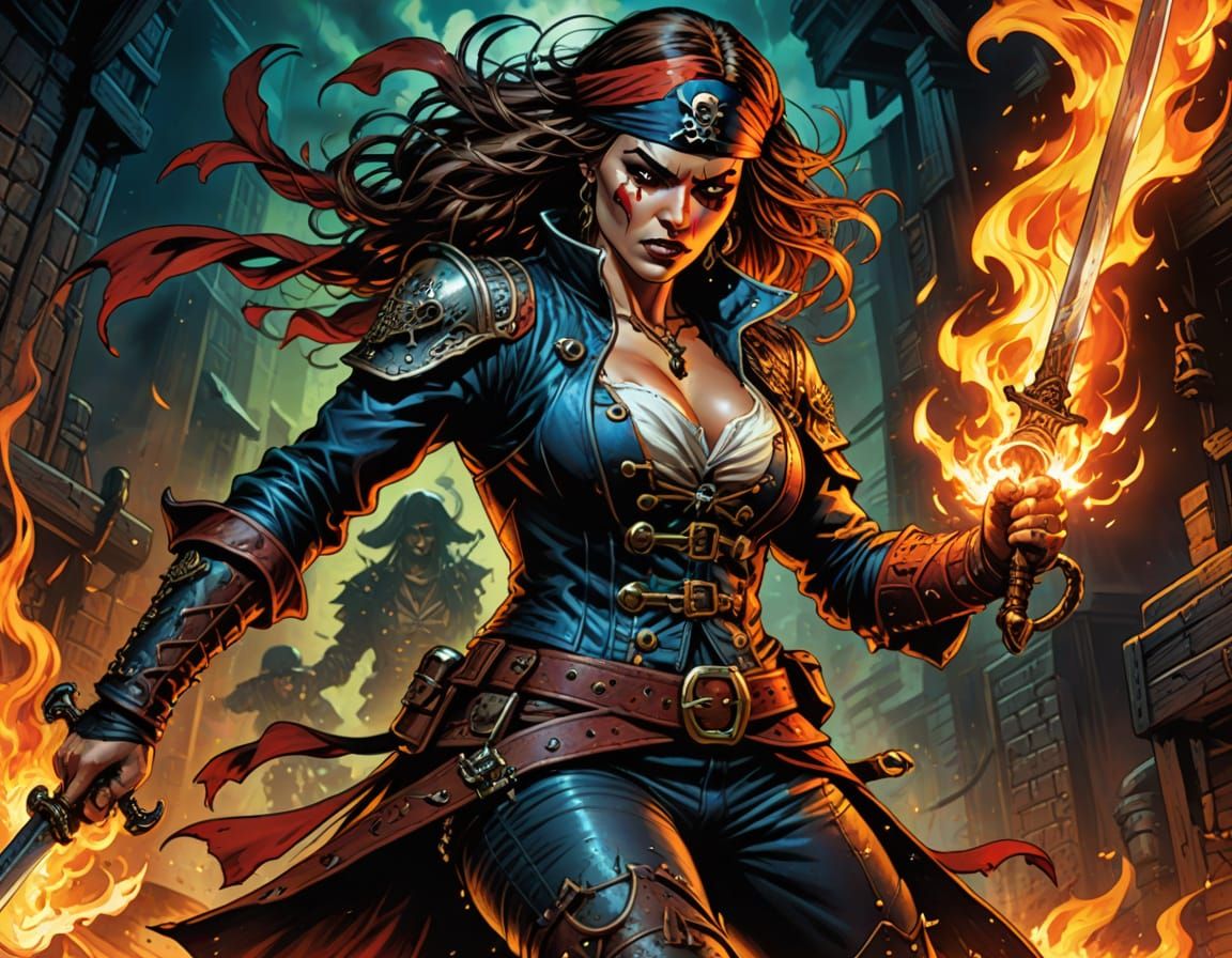 Pirate Woman Battles in Comic Book Style