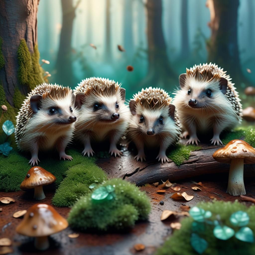 Baby Hedgehogs Playing in Enchanted Forest