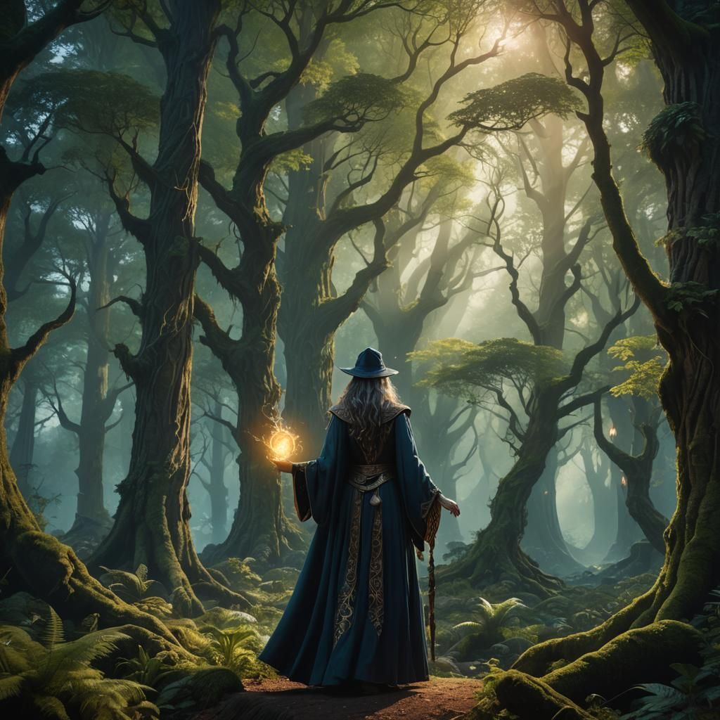 Mystical Sorceress in Ethereal Forest: Fantasy Concept Art