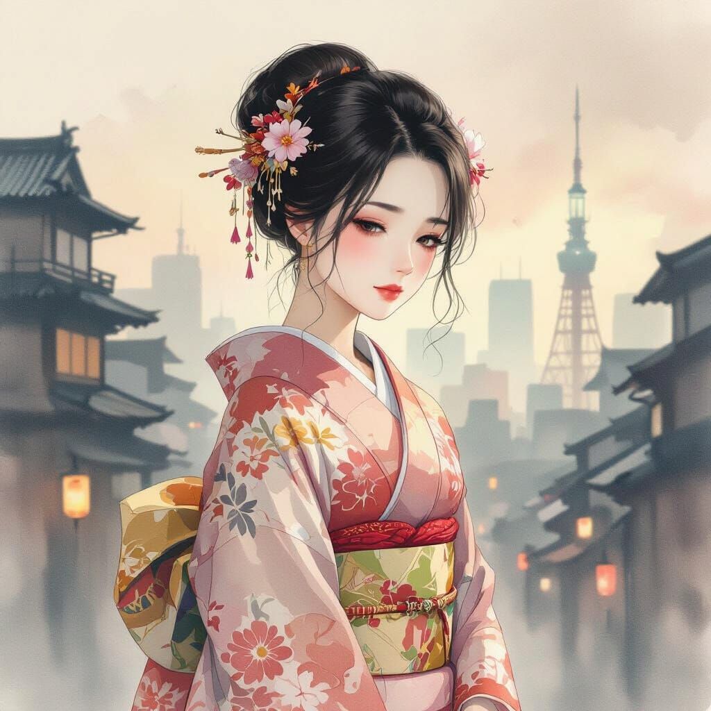 Japanese Girl in Kimono, Watercolor Style