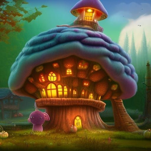 Cotton Candy Mushroom House with Bear: Fantasy Concept Art