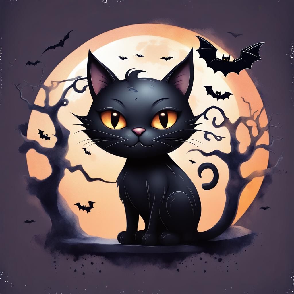 Spooky Halloween Logo with Black Cat in Watercolor Style