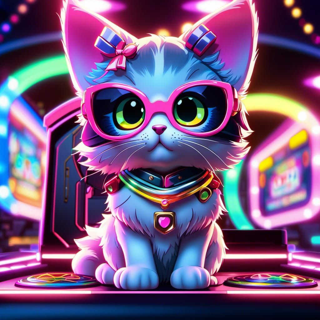 Kawaii Cat Gamer in Eighties Neon Style