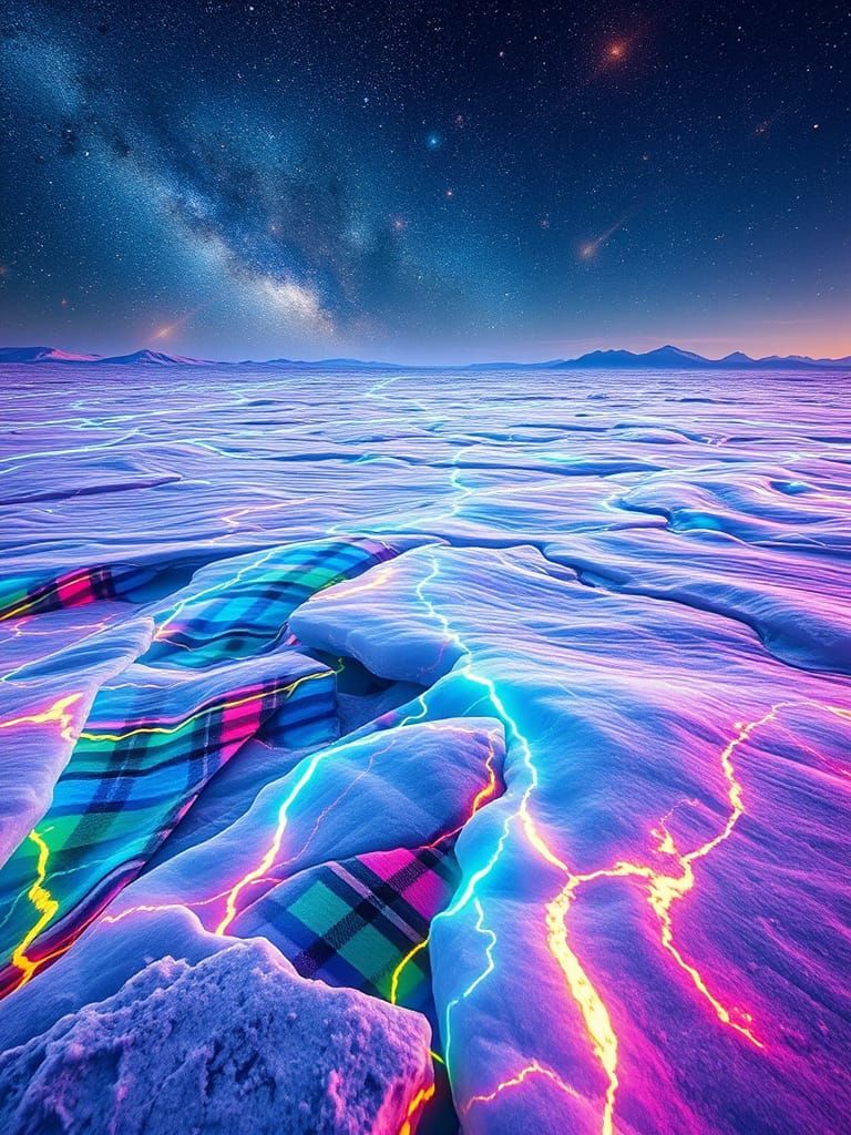 Plaid Icefield with Bioluminescent Waves in Digital Art