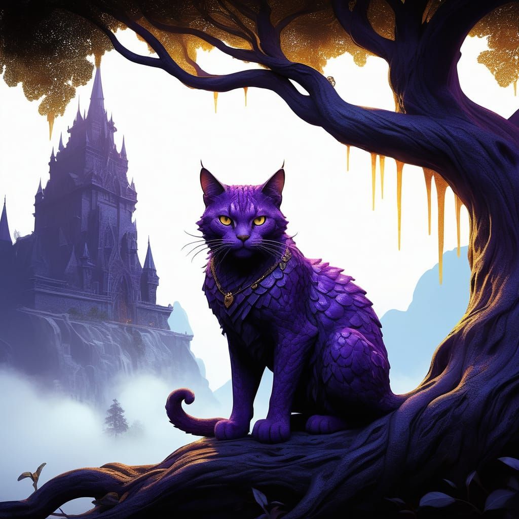 Mystical Dragon Cat Sits at the Roots of Yggdrasil