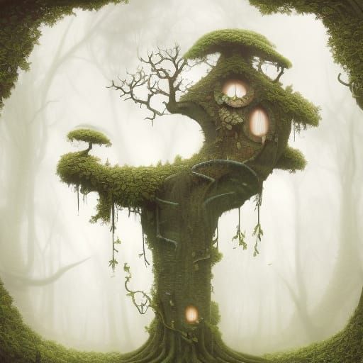 Treehouse in Dying Oak Tree, Fantasy Concept Art