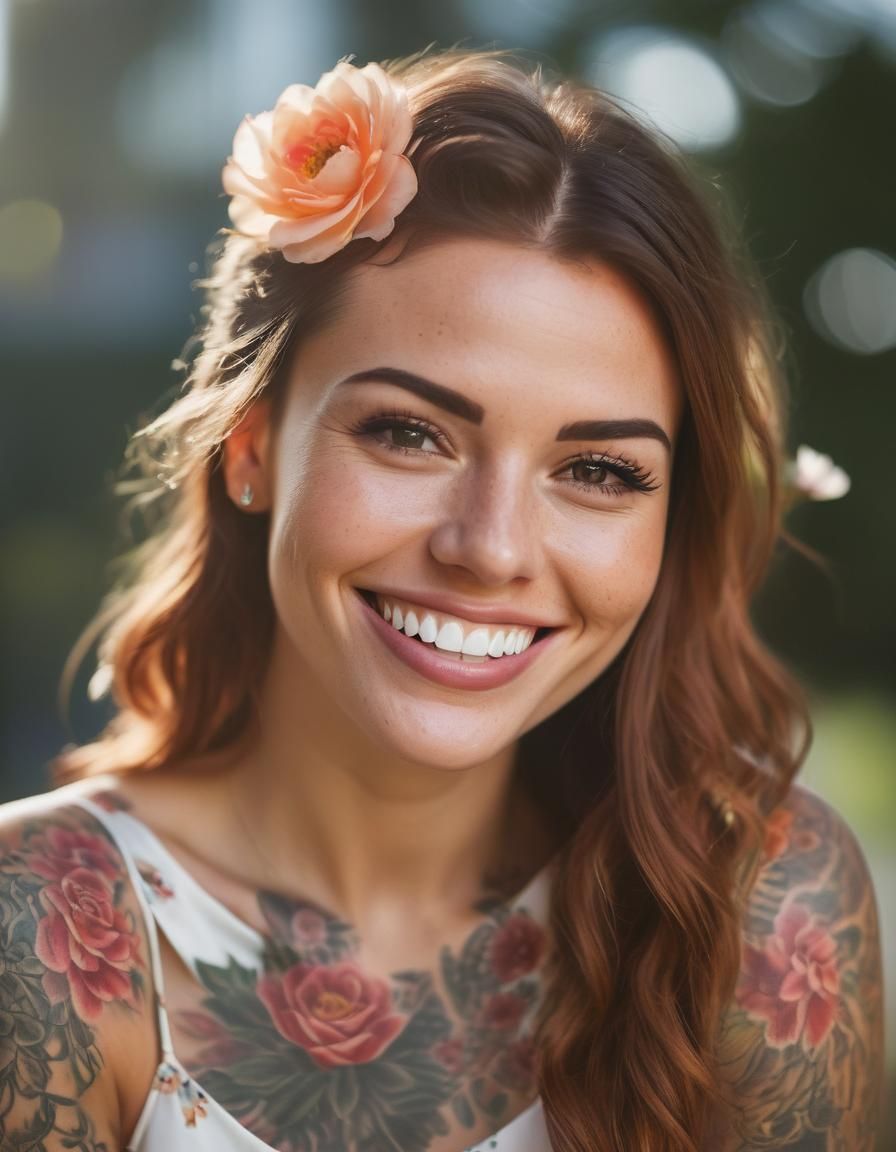 Smiling Tattooed Girl in Flower Dress: Portrait Photography