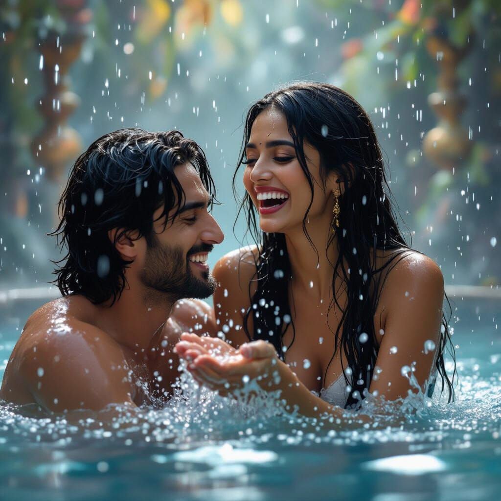 Joyful Indian Couple Bathing Together in Ethereal Setting
