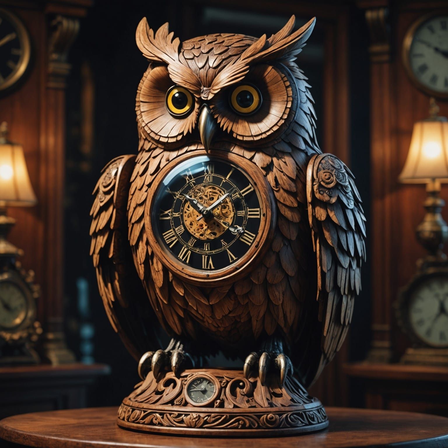 Owl Clock Carved from Cherry Wood: Digital Painting
