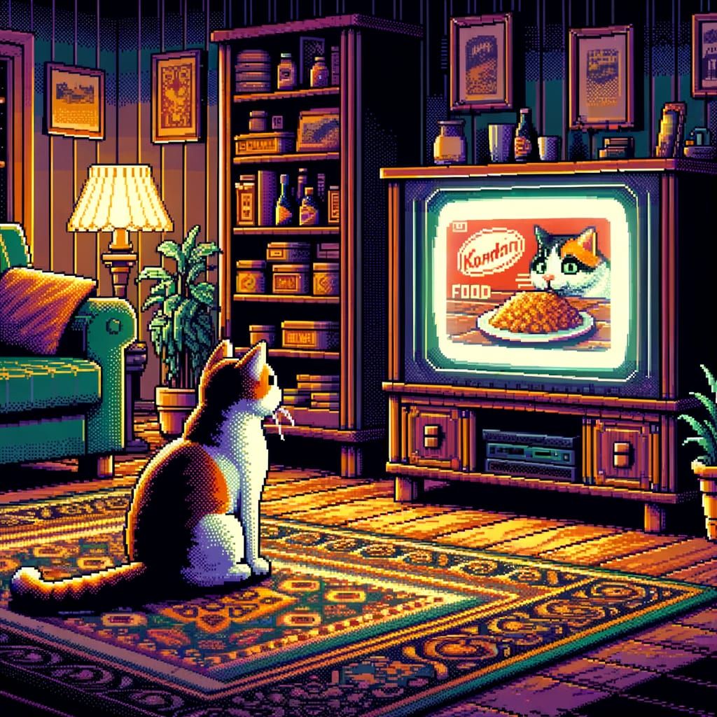 Cat Watches TV in 16-bit Pixel Art Style
