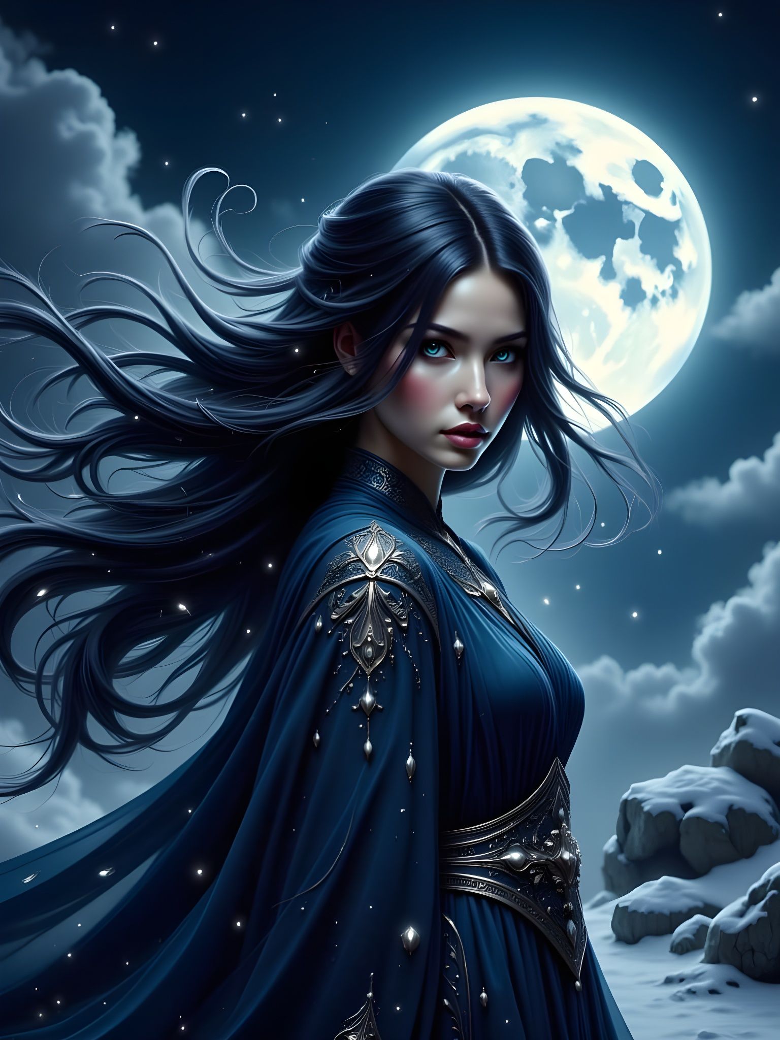 Enchanting Norse Goddess Under Stormy Night Sky