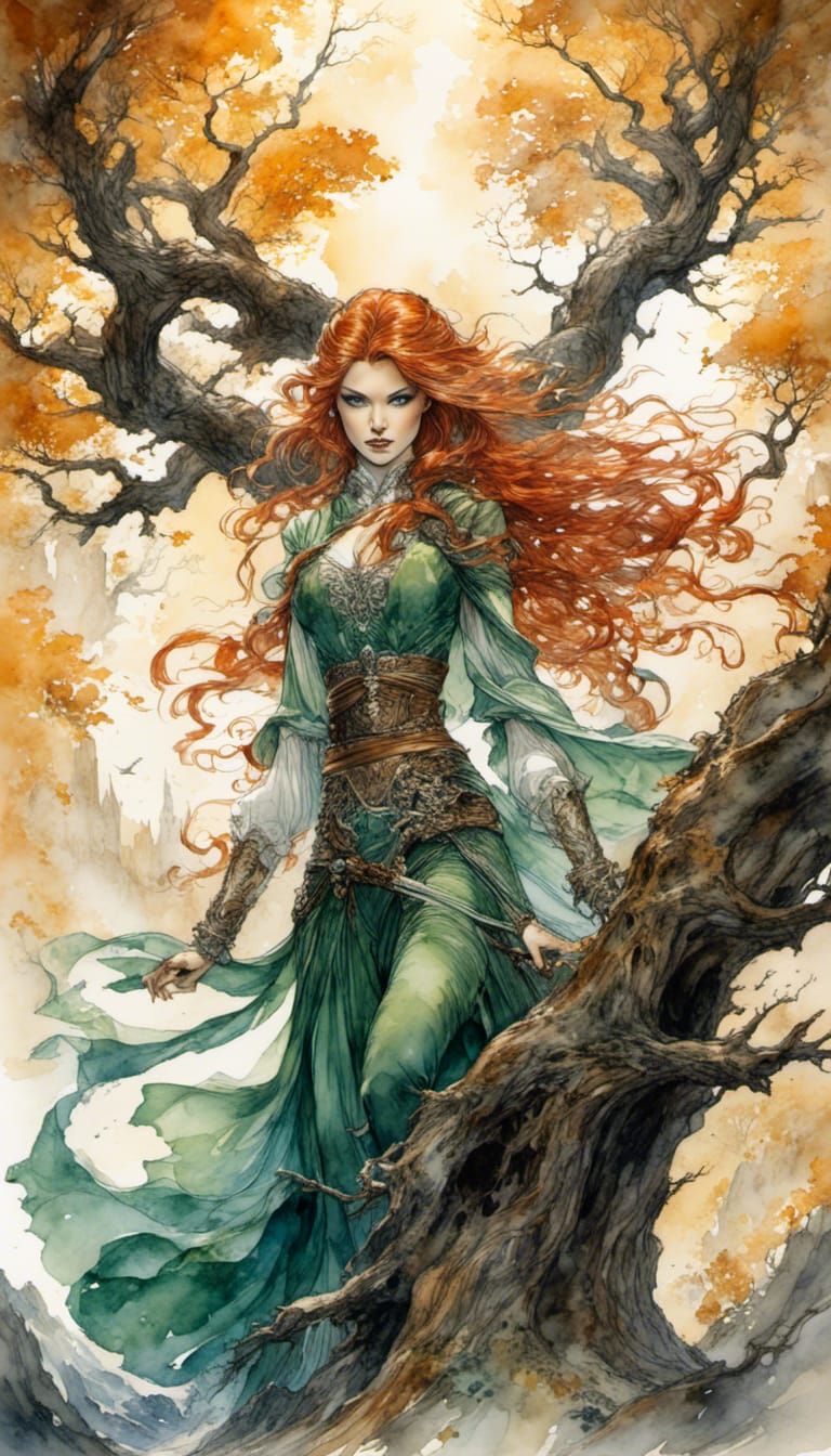 Gladriel: Red-Haired Warrior in Dark Fantasy Landscape