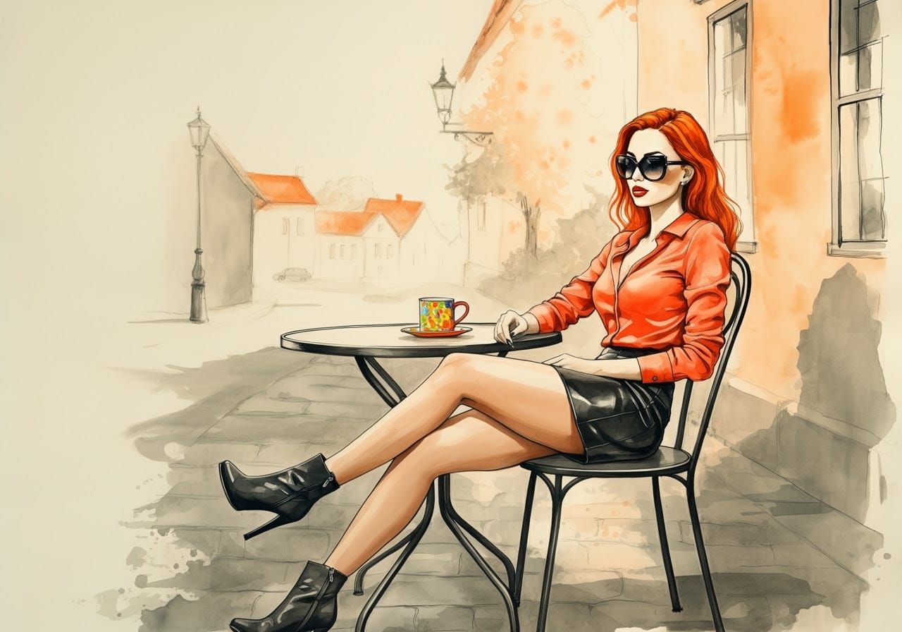 Elegant Woman at Cafe in Ink and Watercolor Style