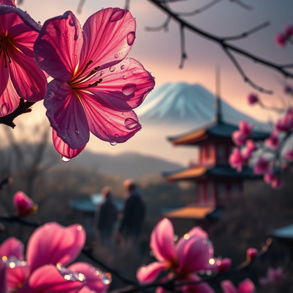Cherry Blossom Macro with Mount Fuji: Dark Fantasy Art