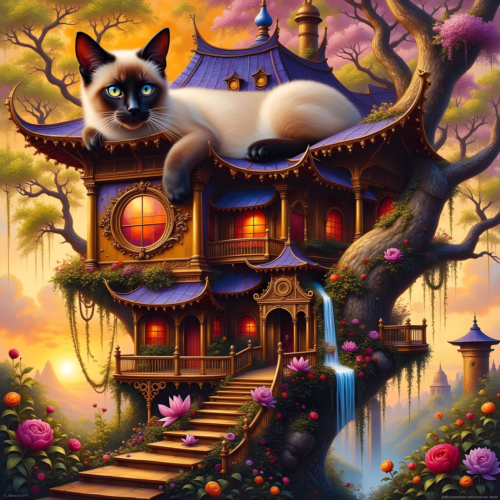 Colossal Siamese Cat on Pagoda Treehouse at Sunset