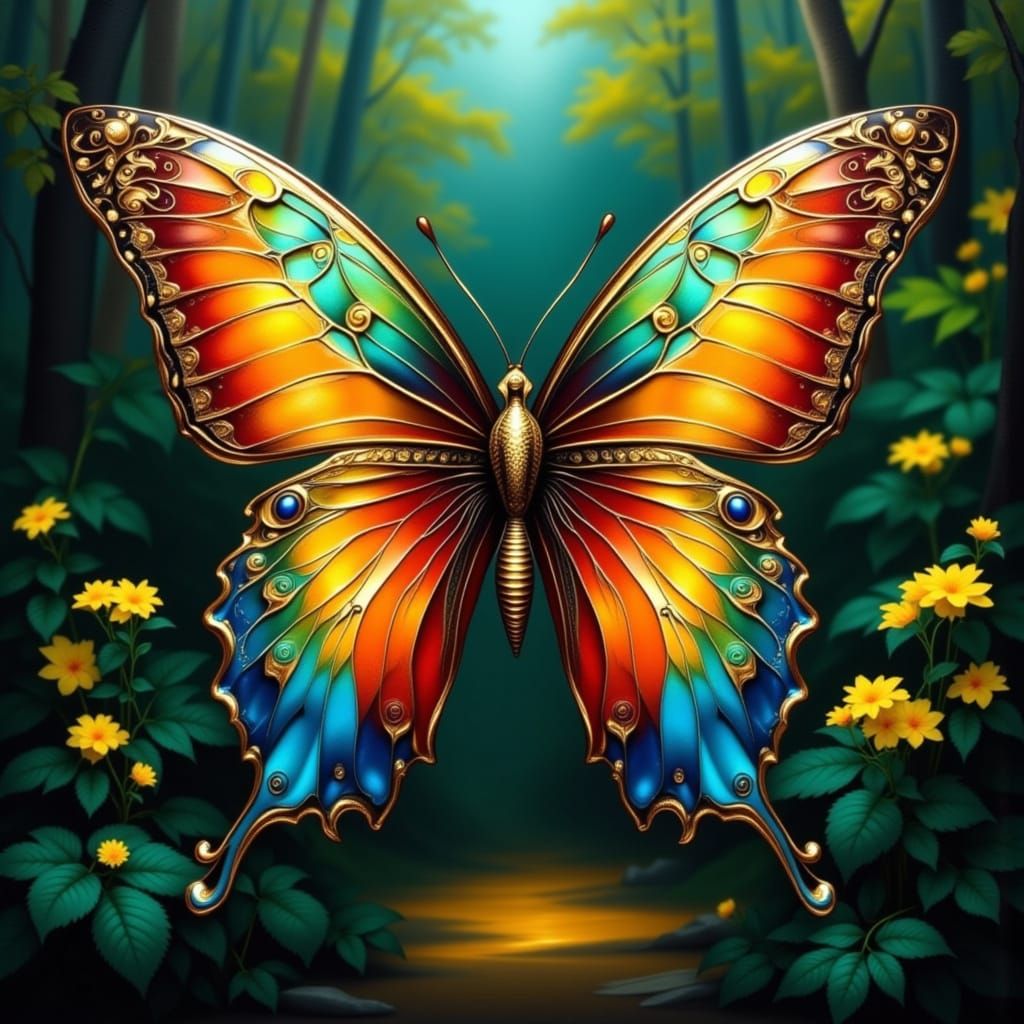 Butterfly with Gold Filigree and Colorful Wings