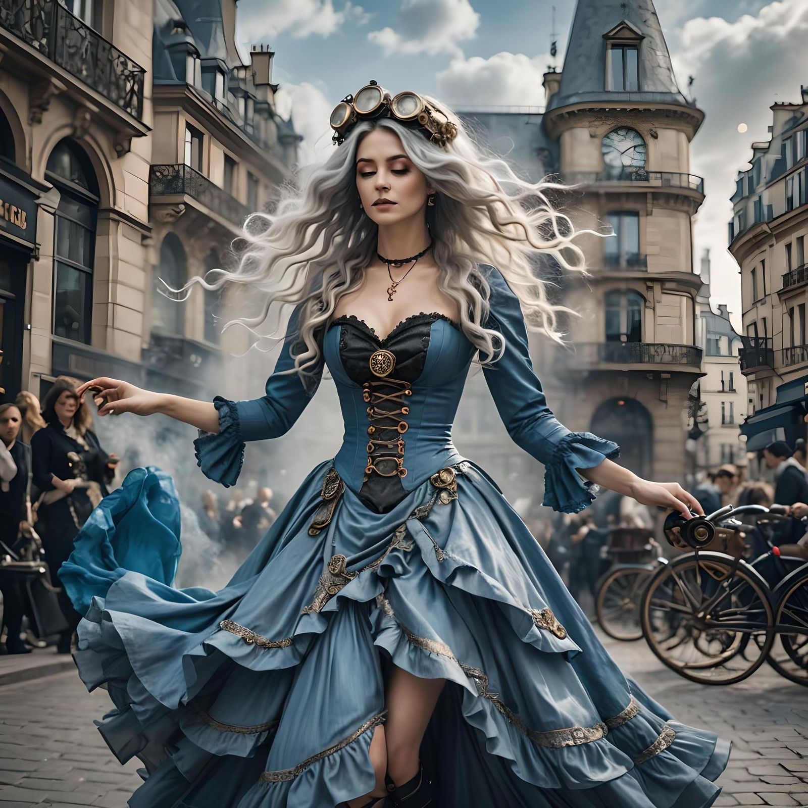 Steampunk Woman Dancing in Enchanting Paris